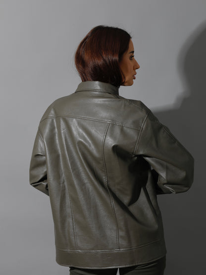 Leather Zipper Sleeved Jacket - Olive