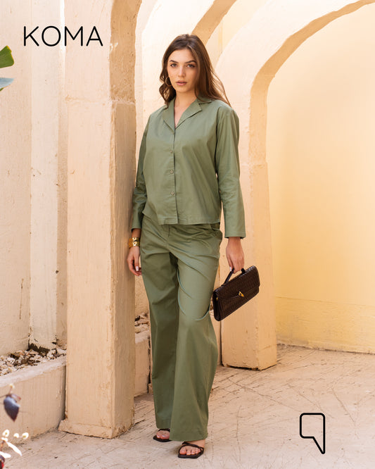 Della Pajama Shirt & Flare Trousers Set - Matcha