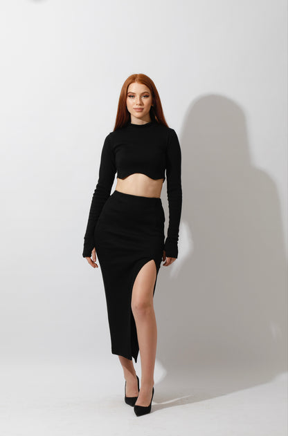 Co-ord Crop Top & Midi Skirt Rib Set - Black