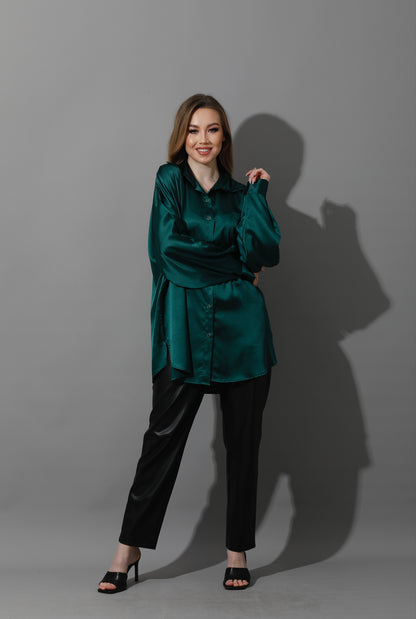 Oversized Satin Blouse - Dark Green