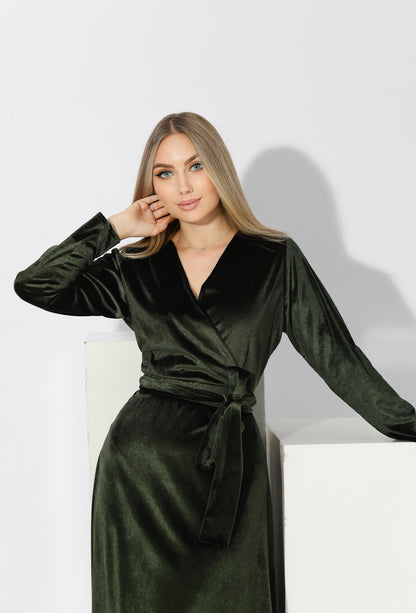 Velvet Wrap Maxi Dress - Olive
