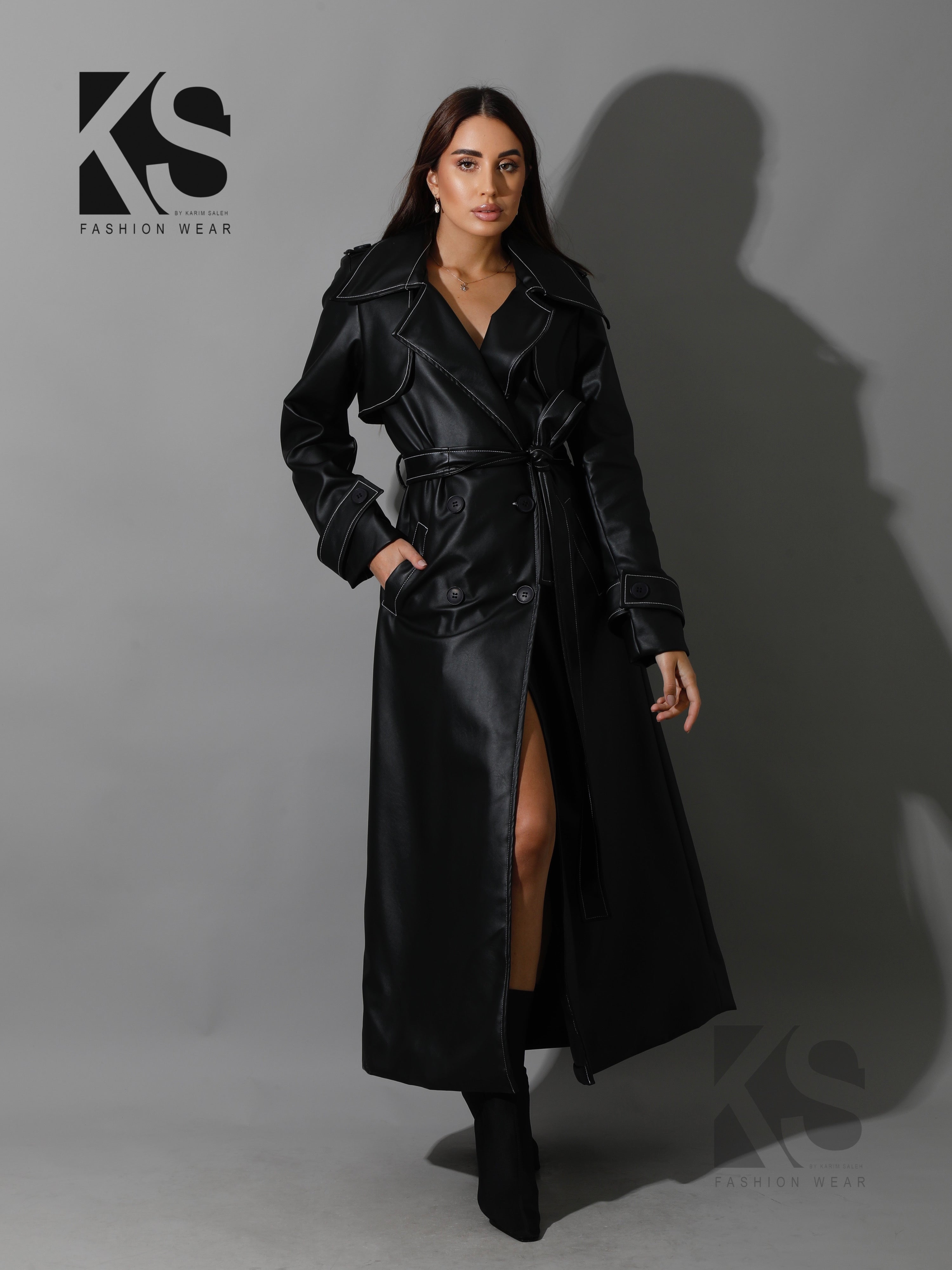 0201783 Leather Trench Coat With White Stitch - Black – KOMA