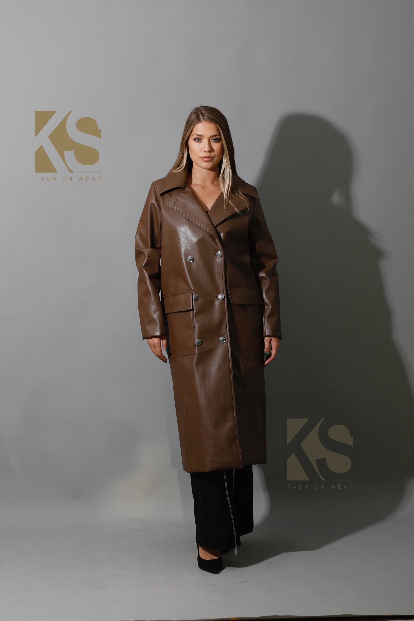 Textured Leather Coat - Brown