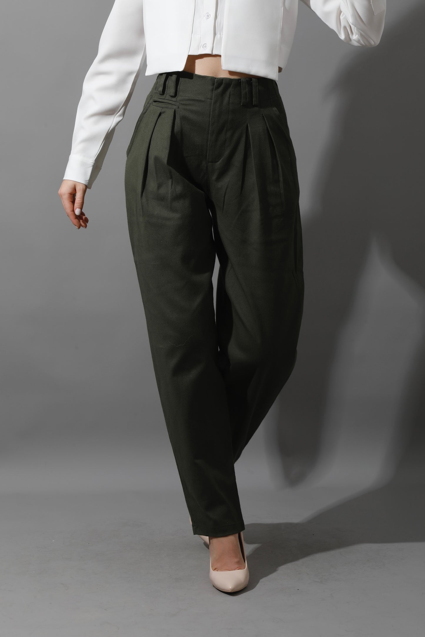 High Rise Paper-Bag Pants - Olive