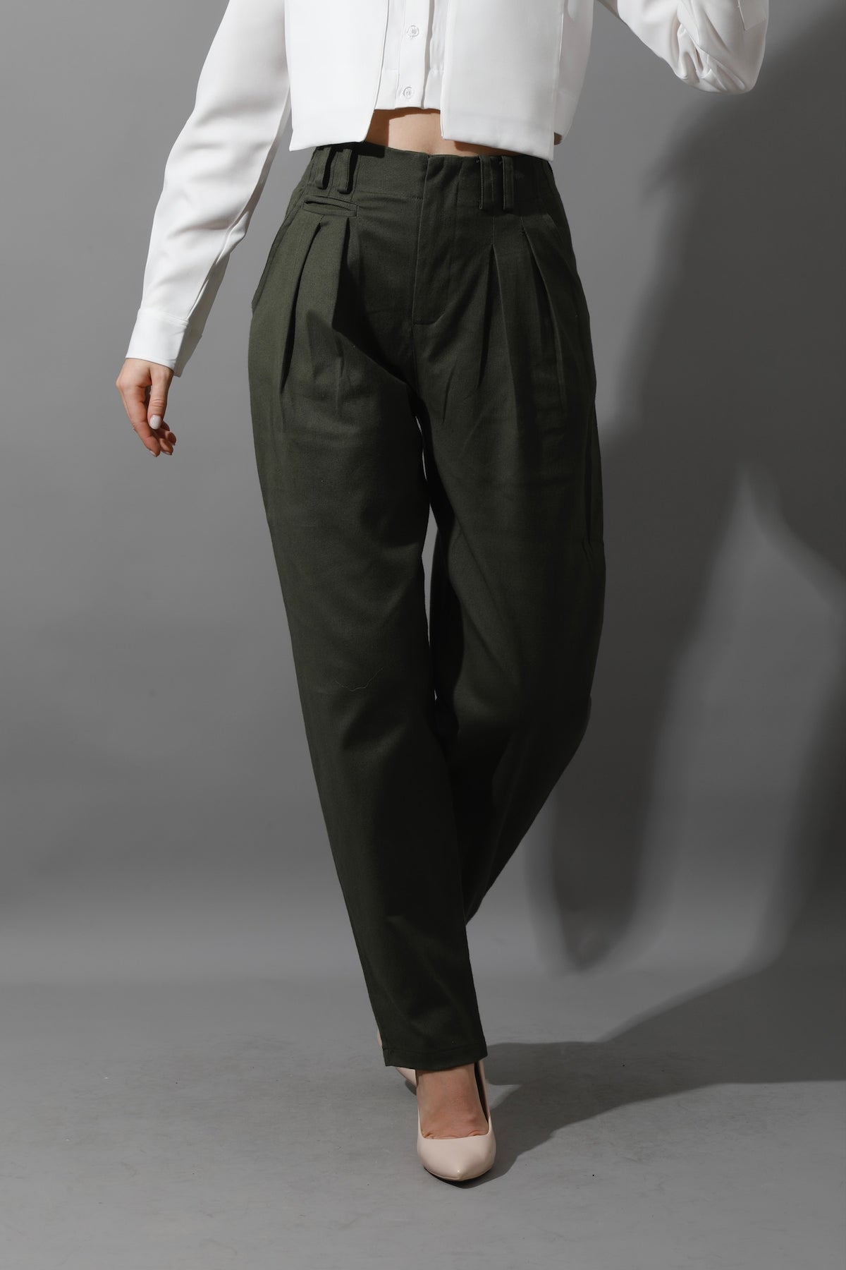 High Rise Paper-Bag Pants - Olive
