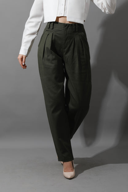 High Rise Paper-Bag Pants - Olive