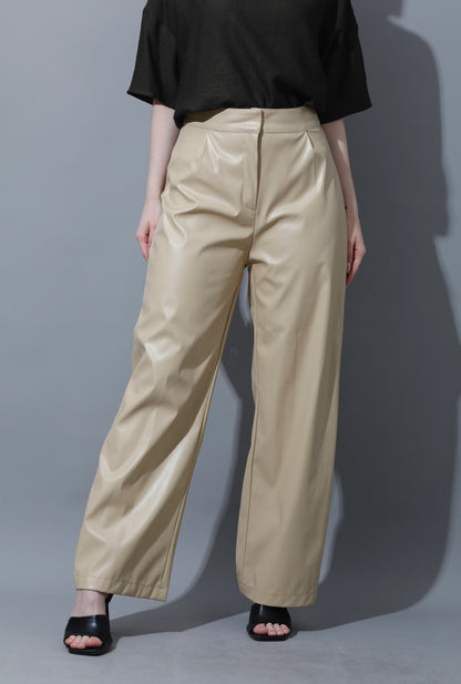 Leather Wide Leg Trousers - Beige