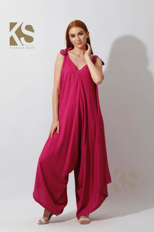 Tied Up Lose Jumpsuit - Barbie Pink