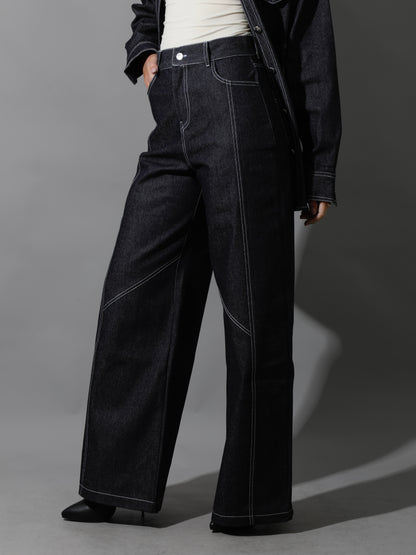 Co-Ord Jeans Cutout Shirt & Cutout Pants - Navy Blue