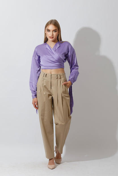 High Rise Paper-Bag Pants - Beige