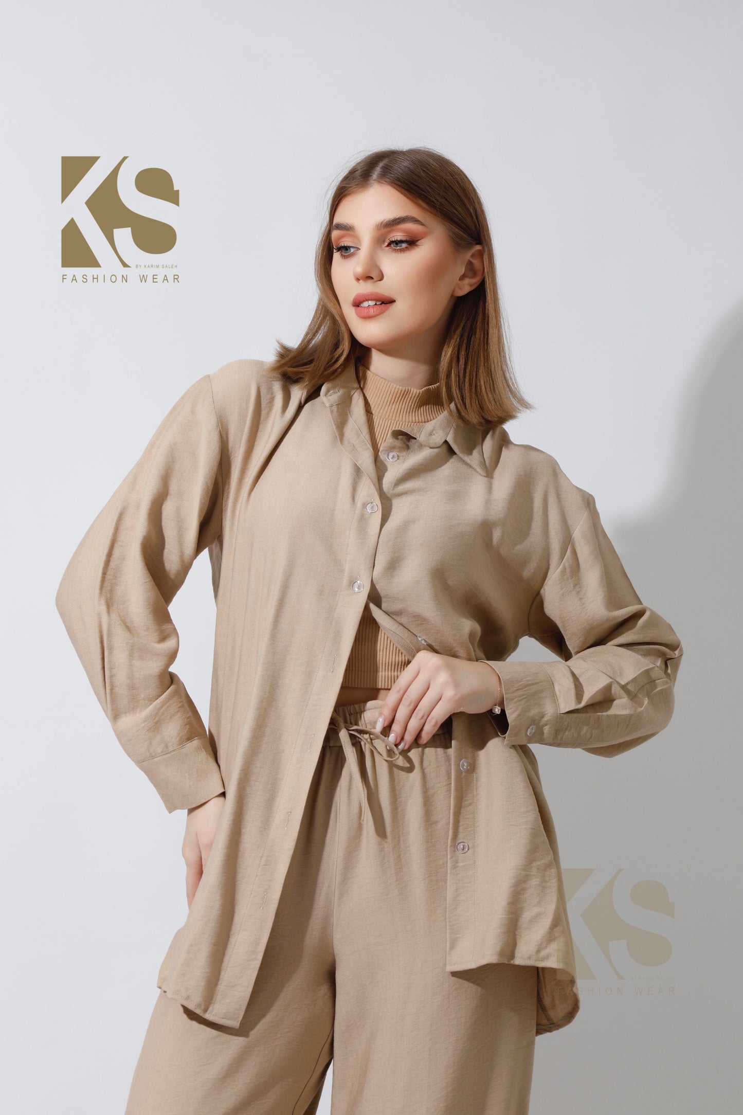 Wide Leg Trousers Set - Beige