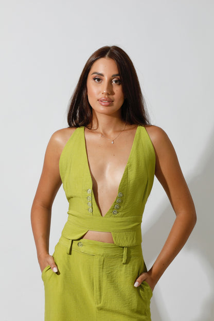 Co-Ord Front Slit Top & Trousers - kiwi Green