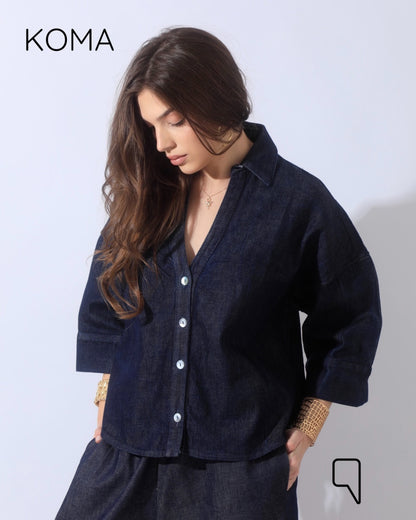 Daisy Denim Half Sleeves Jeans Shirt - Navy