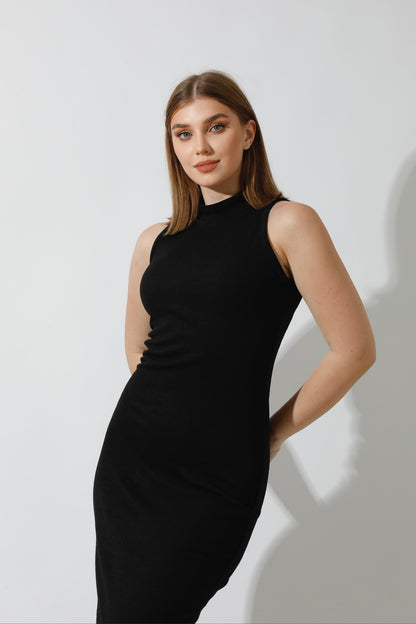 Slinky High Neck Midi Sleeveless Dress - Black