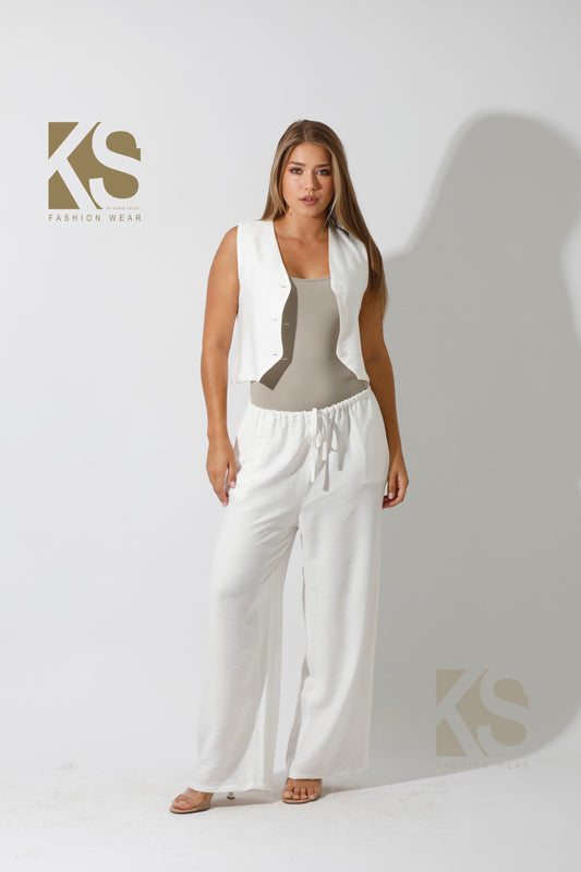 Vest & Lose Tied Pants Set - White