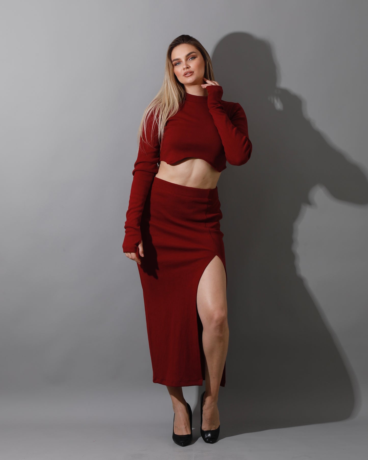 Co-ord Crop Top & Midi Skirt Rib Set - Maroon