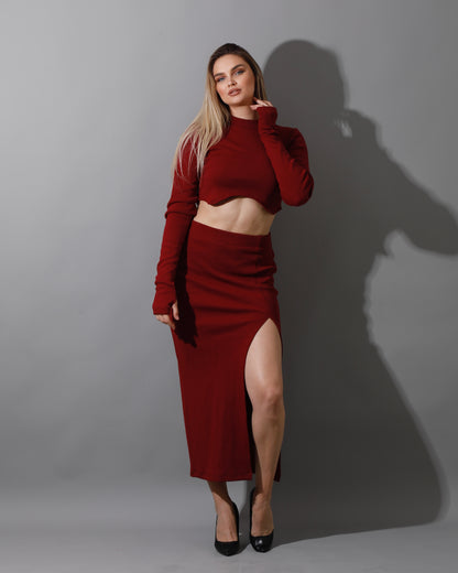 Co-ord Crop Top & Midi Skirt Rib Set - Maroon
