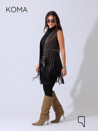 Nicci Leather Fringed Vest - Brown