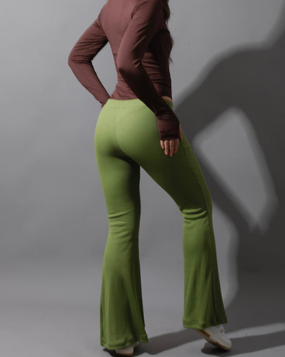 Slinky Flared Trousers - Kiwi Green