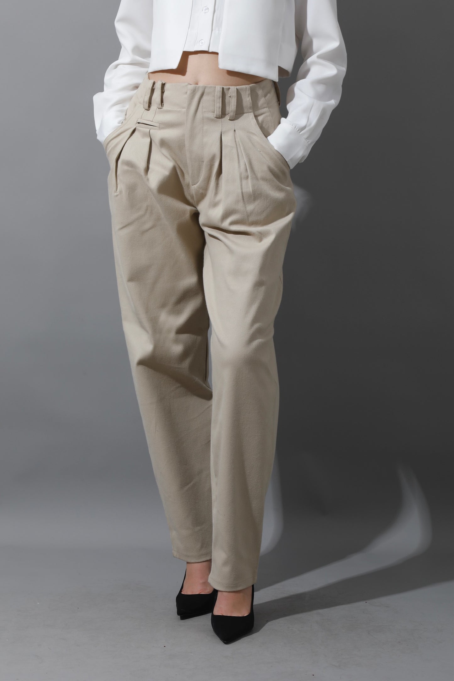 High Rise Paper-Bag Pants - Light Beige