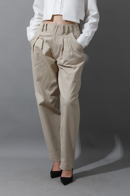High Rise Paper-Bag Pants - Light Beige