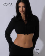 Greta Crincle Cropped Shirt & Skirt Set - Black