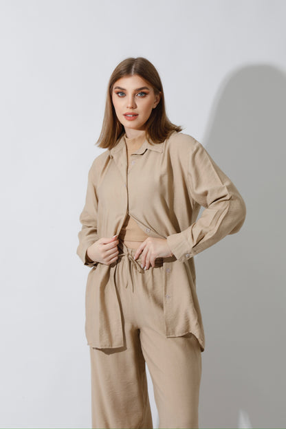 Co-Ord Long Sleeves Shirt - Beige