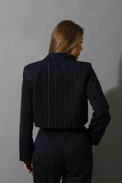 Striped Cropped Blazer, Bra Top & Paper-bag Pants Co-Ord - Navy