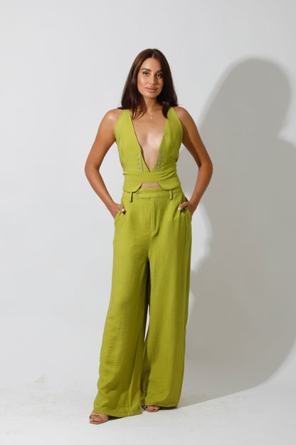 Co-Ord Front Slit Top & Trousers - kiwi Green