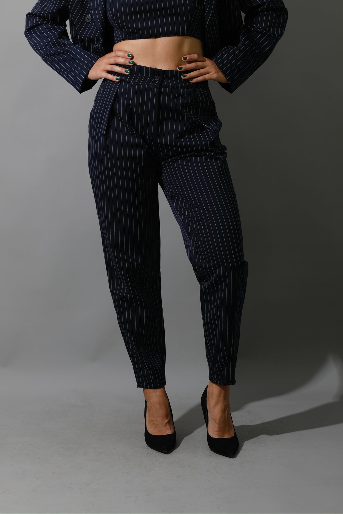 Striped Cropped Blazer, Bra Top & Paper-bag Pants Co-Ord - Navy