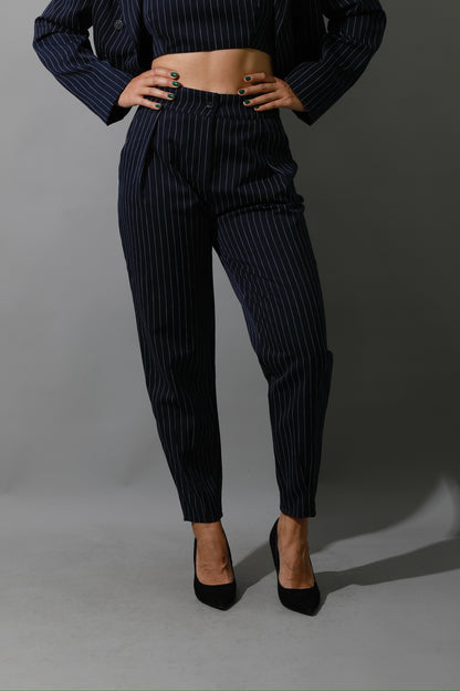 Striped Cropped Blazer, Bra Top & Paper-bag Pants Co-Ord - Navy