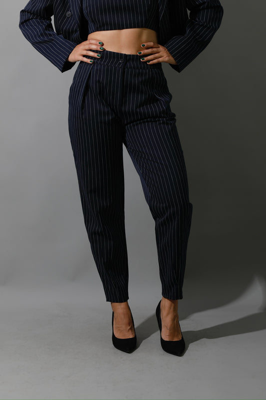 Striped Paper-bag Pants Co-Ord - Navy