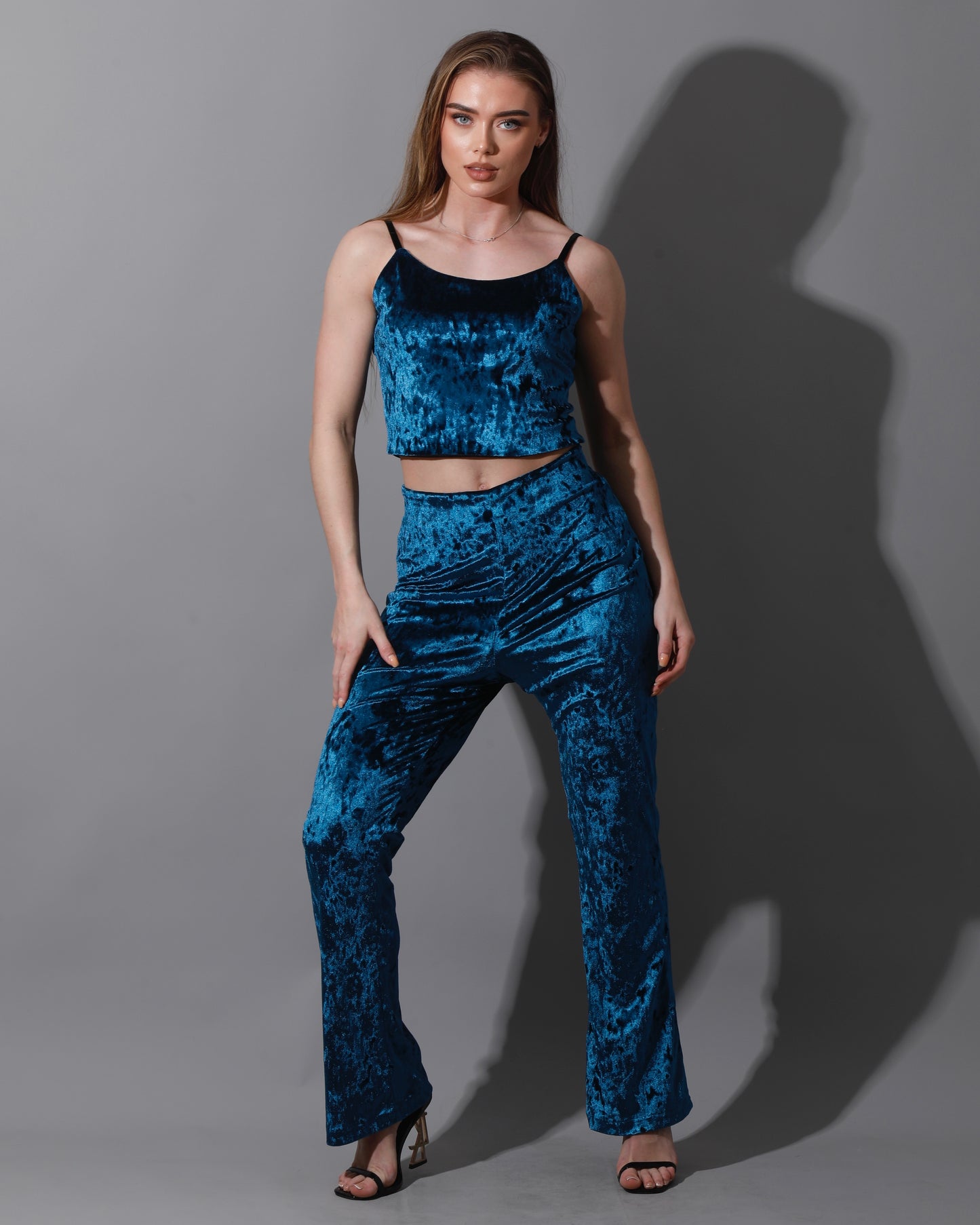 Velvet Crop Top & Bootcut Trousers Set - Petrol