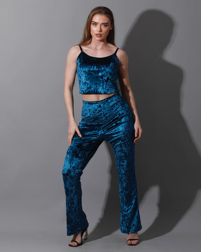 Velvet Crop Top & Bootcut Trousers Set - Petrol