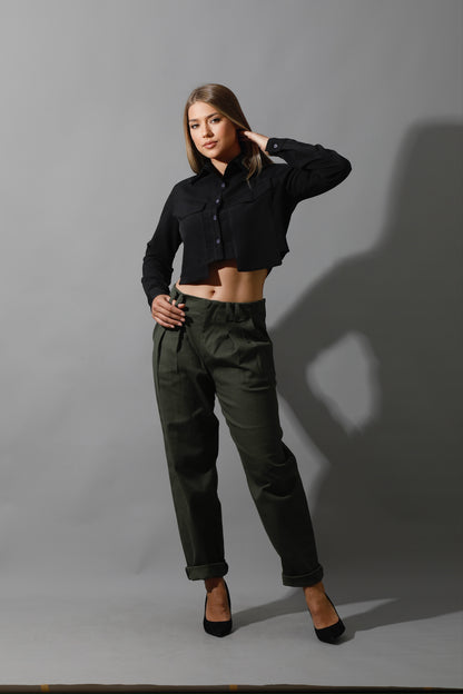 Pockets Cropped Shirt - Black