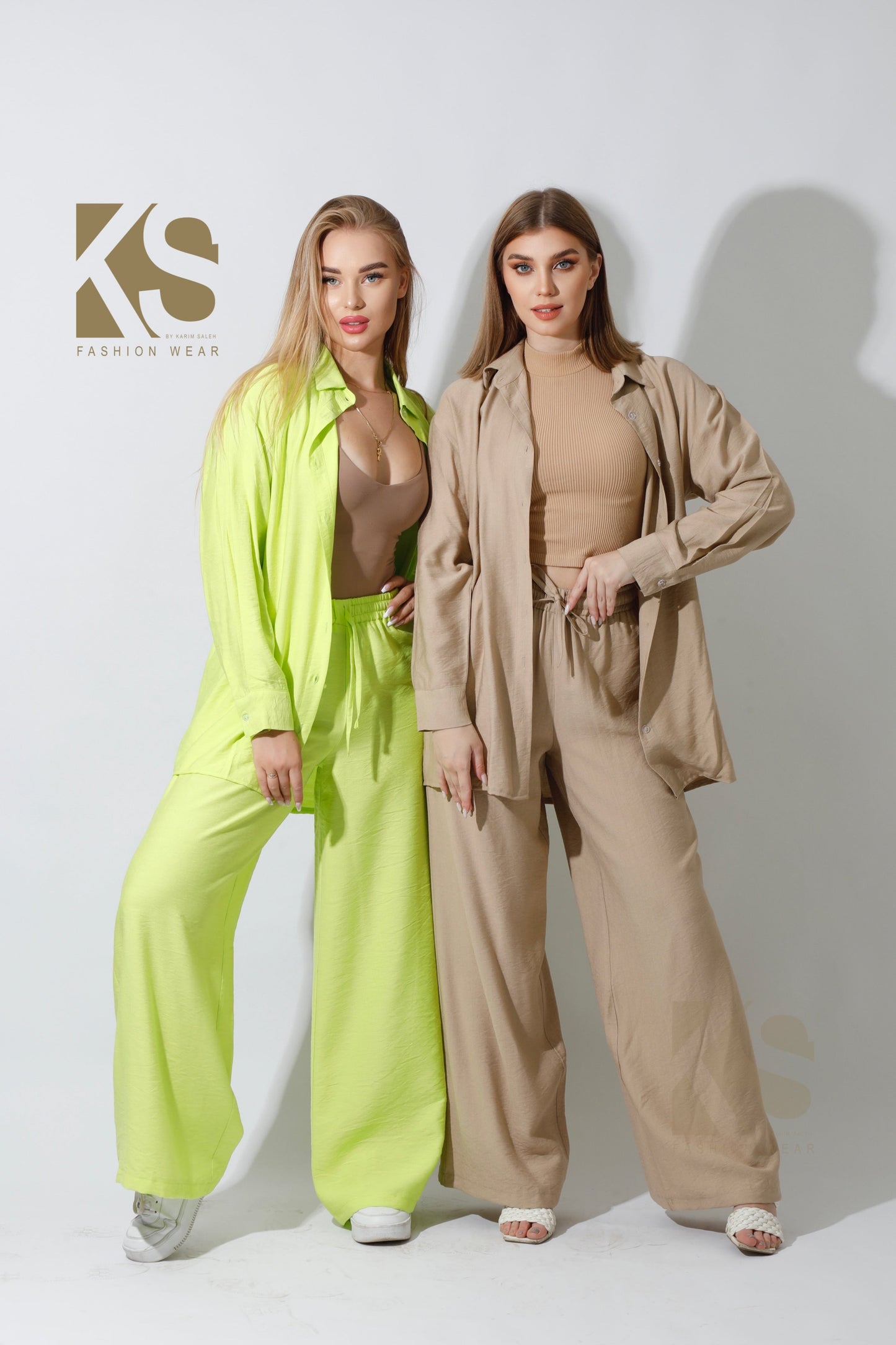 Wide Leg Trousers Set - Beige
