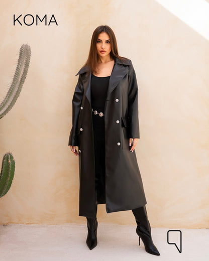 Textured Leather Coat - Black