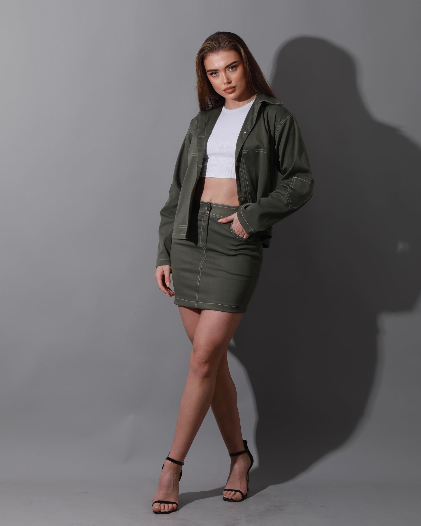 Co-Ord Gabardine Sleeves Jacket & Short Skirt - Olive