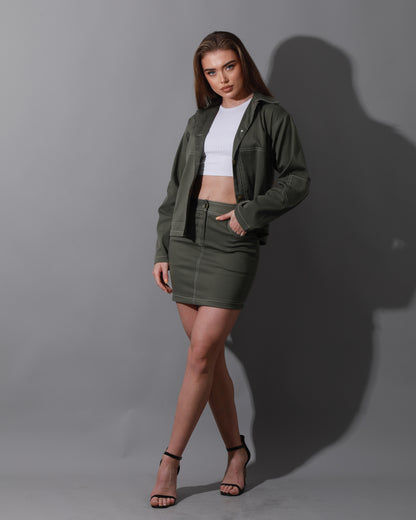 Co-Ord Gabardine Sleeves Jacket & Short Skirt - Olive