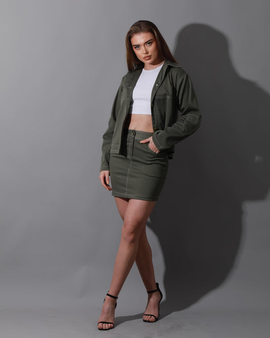 Co-Ord Gabardine Sleeves Jacket & Short Skirt - Olive