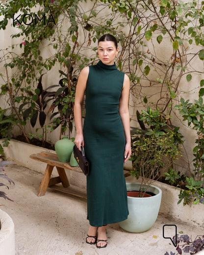 Naomi Halter Neck Midi Sleeveless Dress - Green