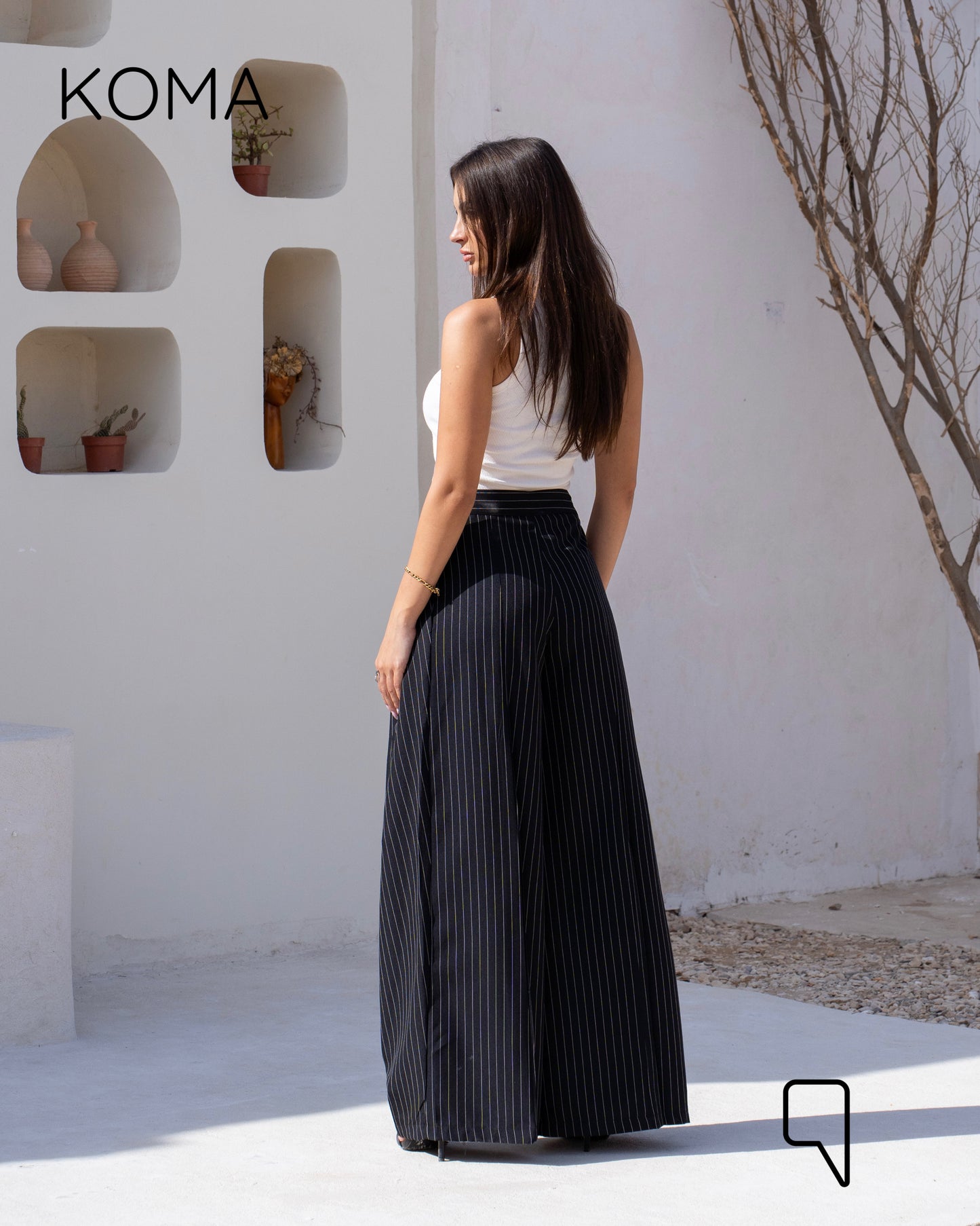 Stripped Double Pleated Trousers - Black