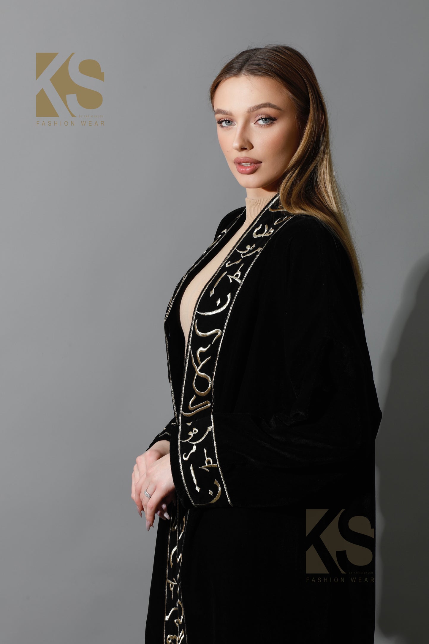 Arabic Letter Long Kaftan - Black & Gold