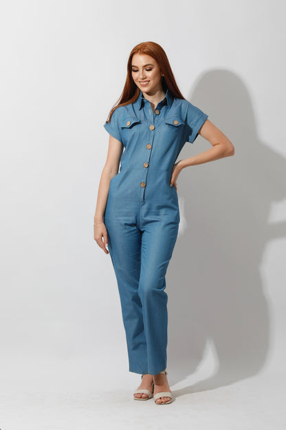 Buttons Jeans Jumpsuit - Blue