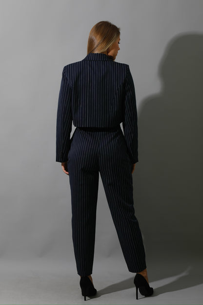 Striped Cropped Blazer, Bra Top & Paper-bag Pants Co-Ord - Navy