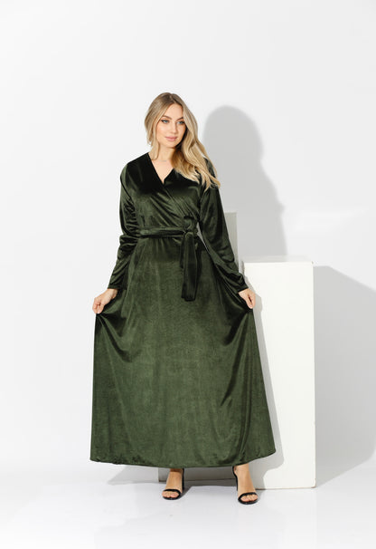 Velvet Wrap Maxi Dress - Olive