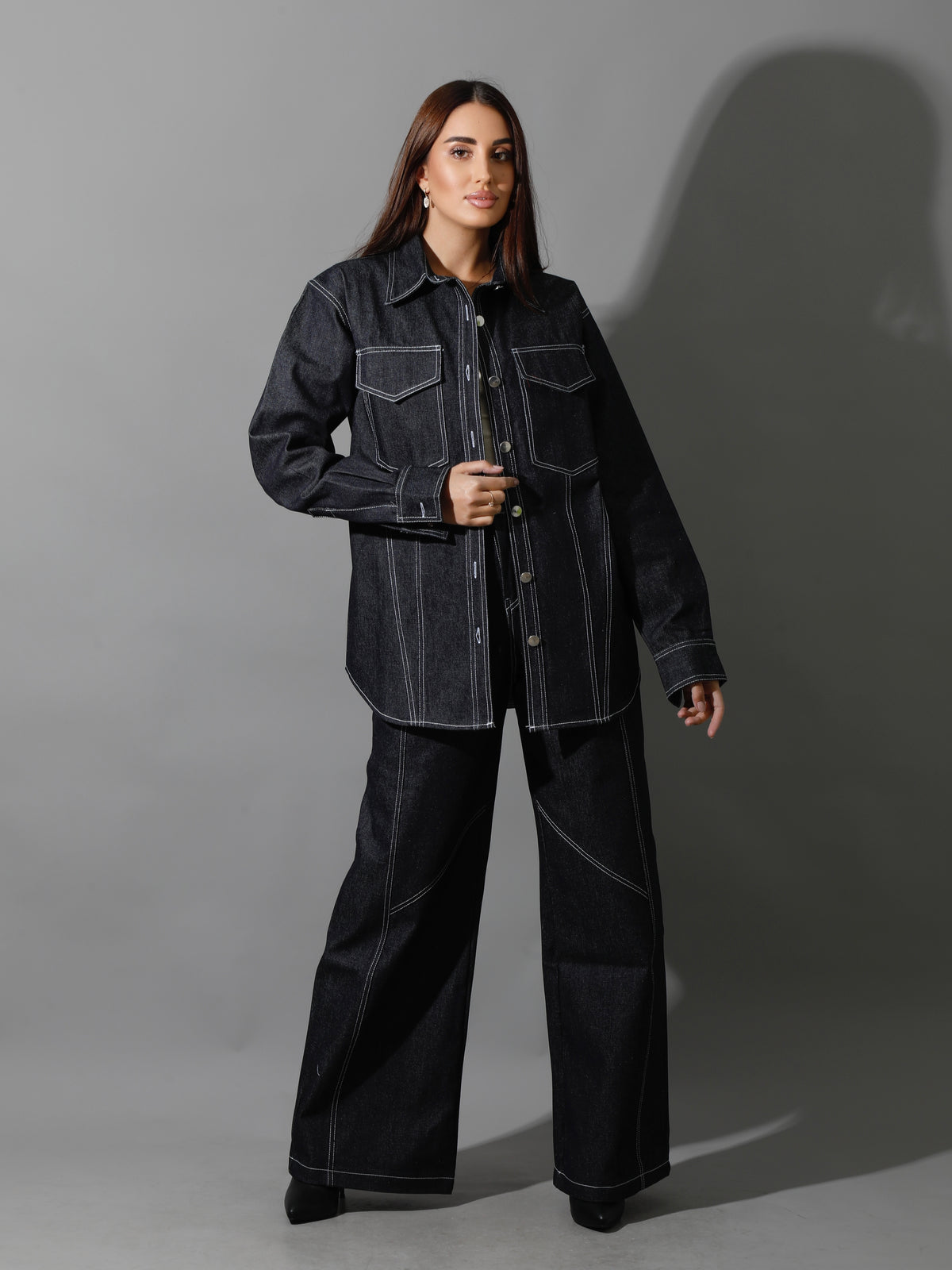 Co-Ord Jeans Cutout Shirt & Cutout Pants - Navy Blue