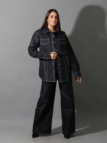 Co-Ord Jeans Cutout Shirt & Cutout Pants - Navy Blue
