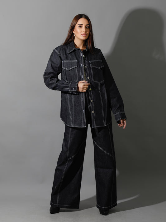 Co-Ord Jeans Cutout Shirt & Cutout Pants - Navy Blue