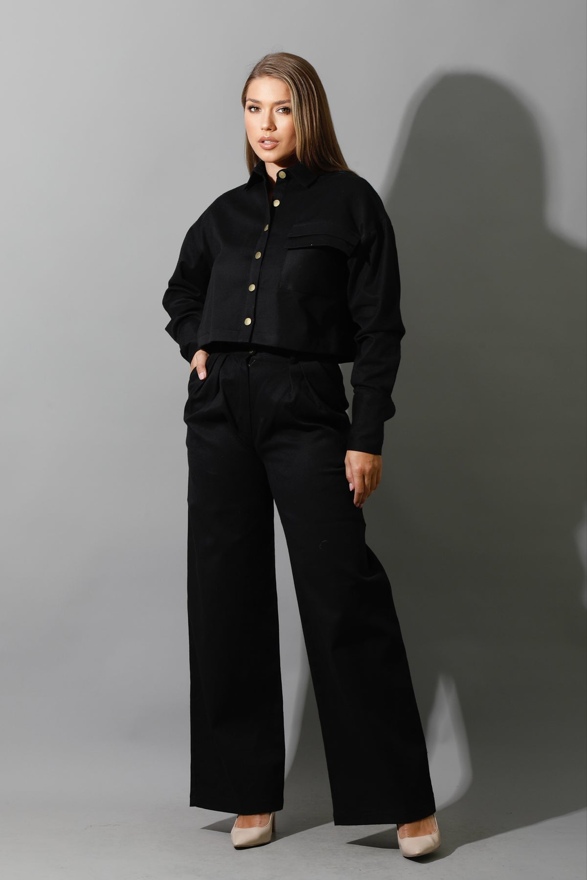 Co-ord Pleated Wide Leg Pants & Cropped Shirt - Black